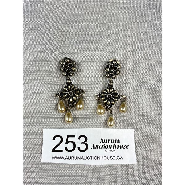 Pair of Vintage Silver w/ Faux Pearls Tassels Clip on Earrings