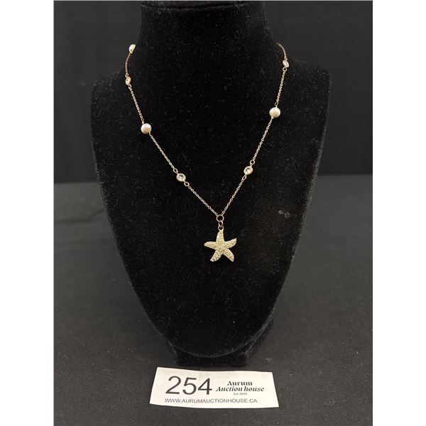 Vintage Sea Star w/ Rhinestones Pendant Necklace, Marked JB, 16-19" L.