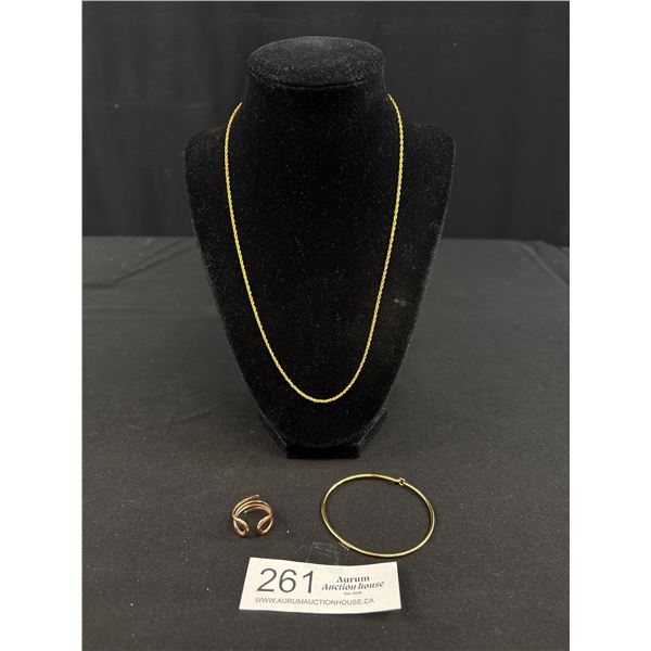 Gold Plated Ring Band, Bangle + Twisted Chain Necklace, All Unmarked