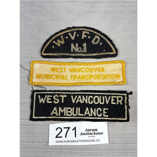 3 West Vancouver Cloth Patches/Badges Police, Fire, + Municipal