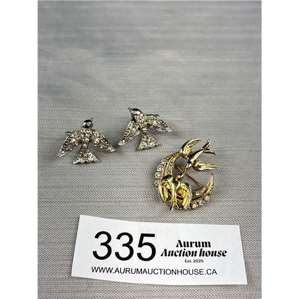 1950's Rhinestone Bird Brooch + Earrings (Earrings Marked "Coro")