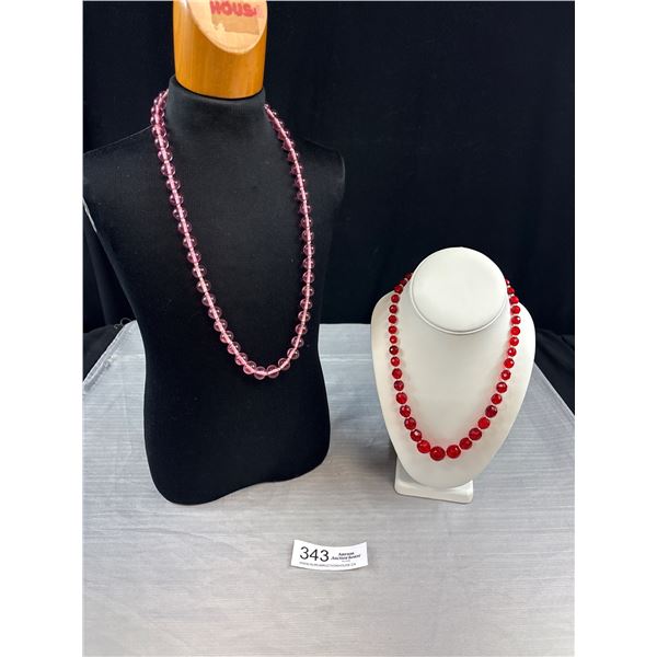 2 Quality Red + Pink Crystal Necklaces 1940's-50's