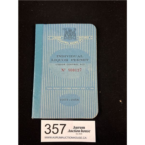 Ontario 1957-1958 Individual Liquor Permit Booklet