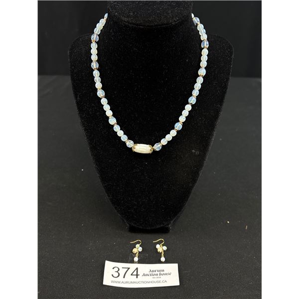 Vintage Opalesque Glass Beads Necklace, 16" Length + Pair of Earrings Set