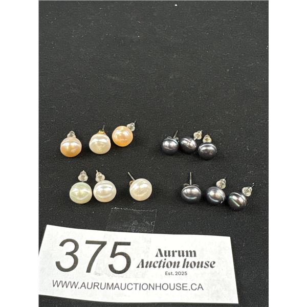 6 Pairs of Cultured Freshwater Pearls in White, Pink + Dark Blue Colour Earrings w/ 925 Sterling Sil