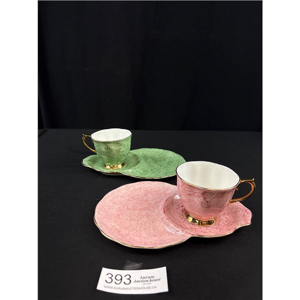 2 royal Albert Pink and Green Gossemer Marble bone china teacupa dn snack plate set