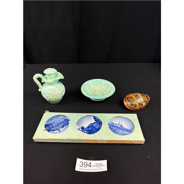 Vintage Home Décor lot Jadeite Green swirl Milk glass mini bowl and pitcher etc