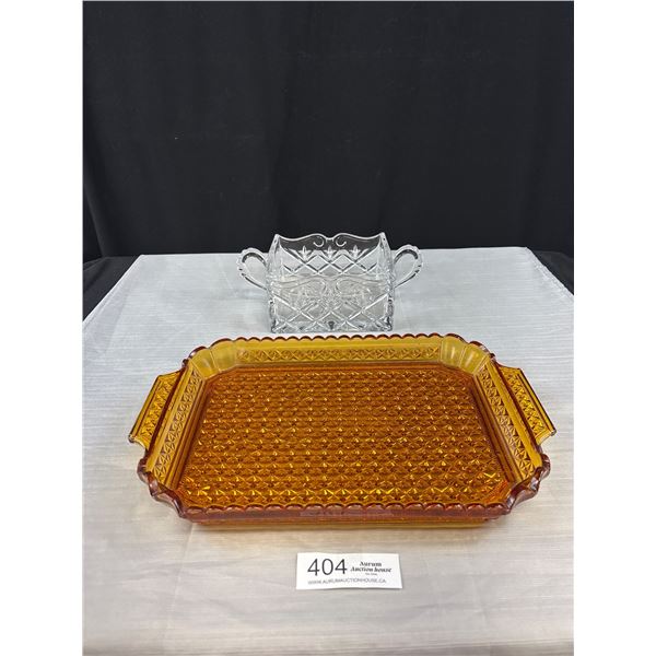 Crystal Square Double Handle Tray/Trinket Box Vintage and an Orange/Yellow Glass Serving Tray