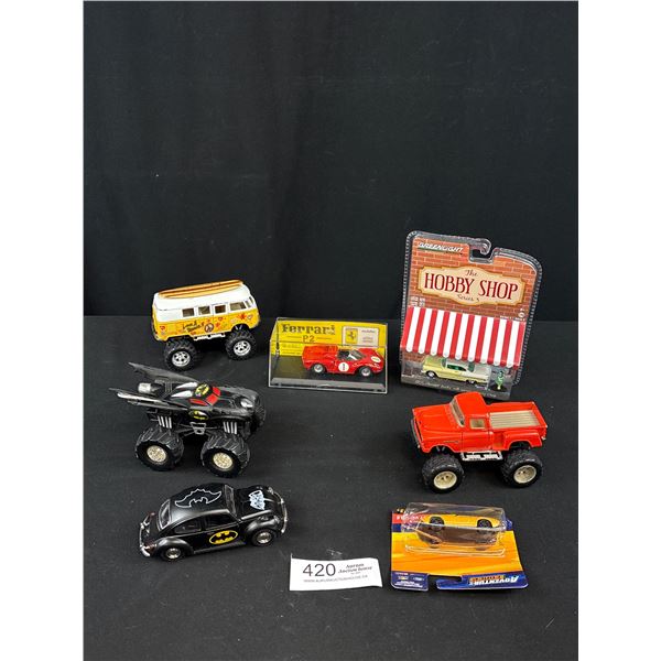 Green Light 55 Chev Car in Package plus loose 4x4 diecast cars