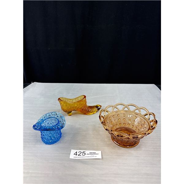 Beatiful Hobnail Blue Hat, Vintage Hobail Amber Shoe, Lovely Lattice Bowl Amber