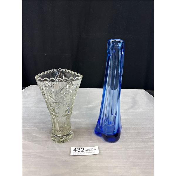 Clear Glass Triangle Vase + Vintage Cobalt Blue Swung  Vase