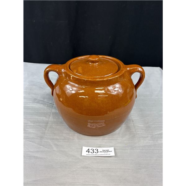 Brown Bean Pot w/ Lid and Handles Vintage