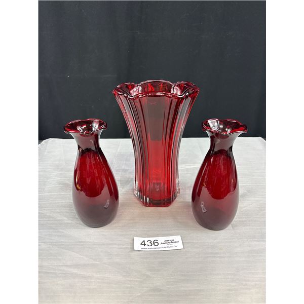 2 Vintage Anchor Hawkin Ruby Red Vases and Anchor Hocking Ruby Red Art Nouveau Vase