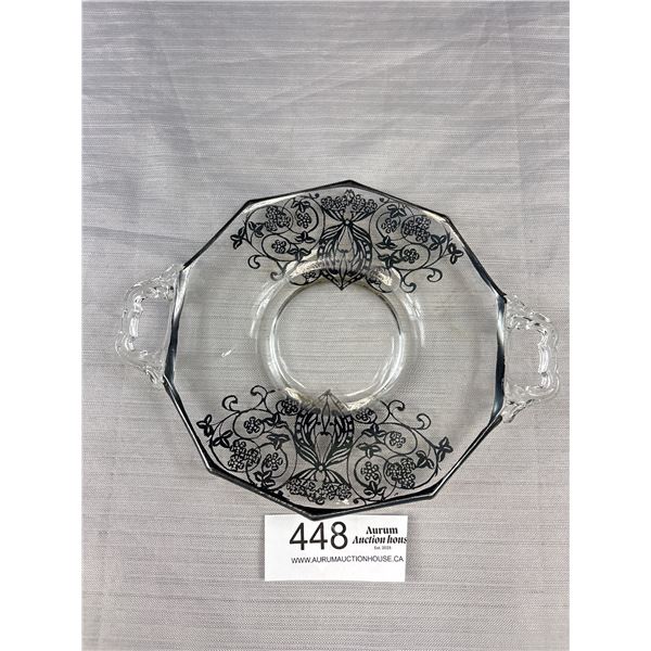 Sterling Silver Overlay Glass Dish + Handles, Nice Condition
