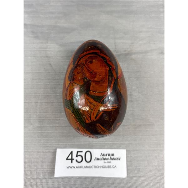 Vintage Egg Painted Holy Mary w/ Jesus Child Small Damage At Bottom 4" Height