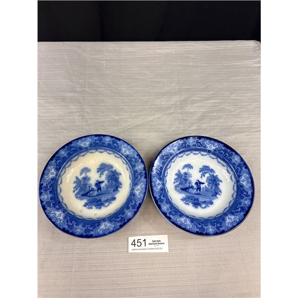 Pair of Antique Flow Blue Watteau Porcelain Dishes Each 7.5" Diameter