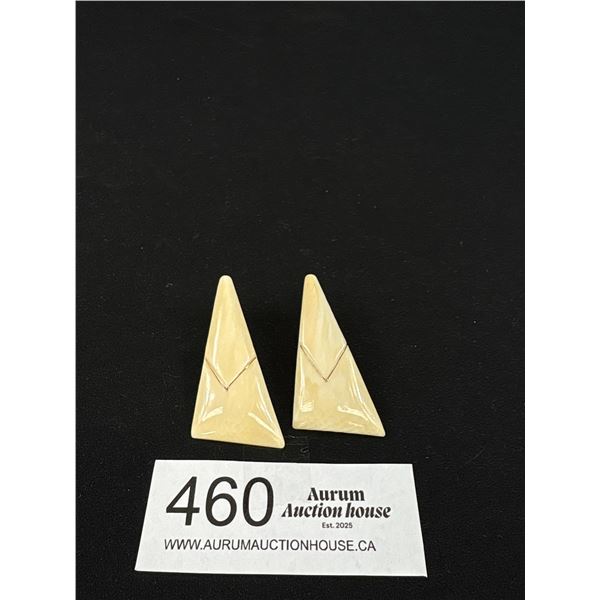 Pair of Vintage Hand Crafted Genuine Ivory w/ 14k Gold Inlaid Wire Earrings Marked Each 14k 585 As I