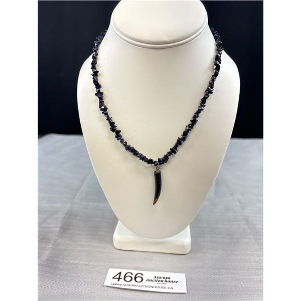 Black Coral Horn Shape Pendant  w/ Natural Black Beads Necklace