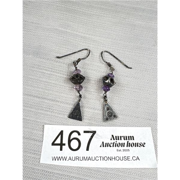 Pair of Vintage Sterling Silver w/ Amethyst Beads Dangle Earrings
