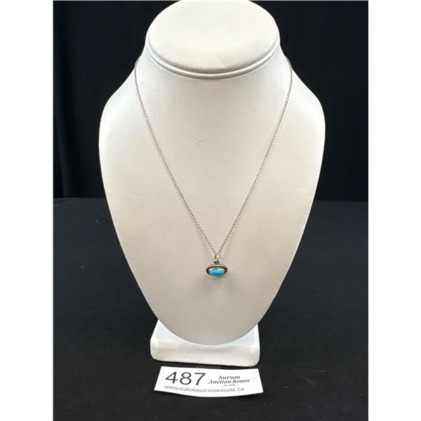 Native American Sterling Silver w/ Turoquise Stone Pendant by A. Lewis + SS Chain Necklace, Marked 5