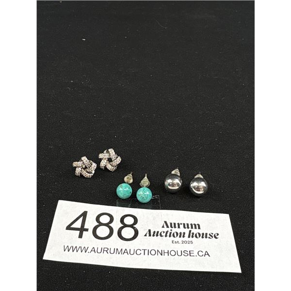 3 Pairs of 925 Sterling Silver Stud Earrings Marked 925
