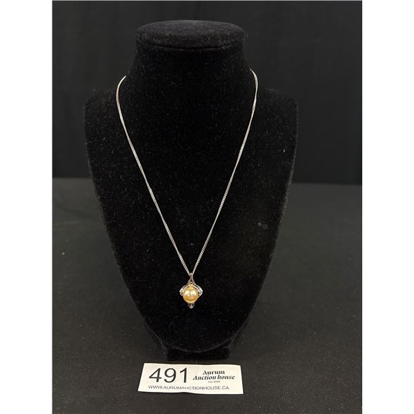 Lovely Silver Plated w/ Largee Pearl Pendant w/ Chain Necklace