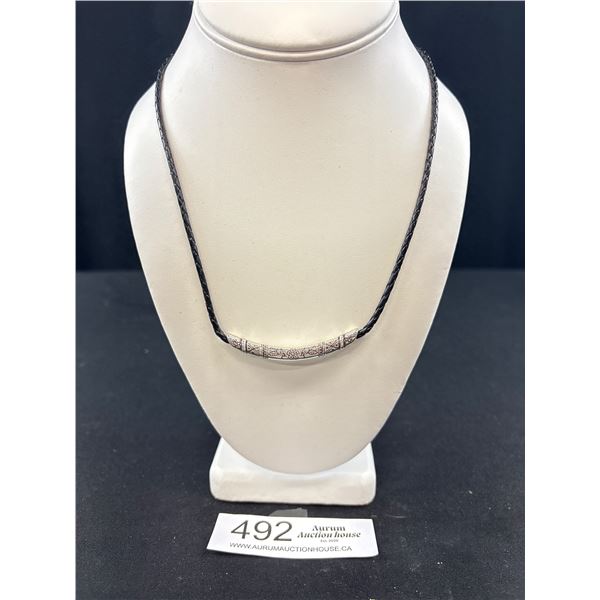 Nice Vintage Silver w/ Black Leather Cord Necklace Self Adjustible To Length