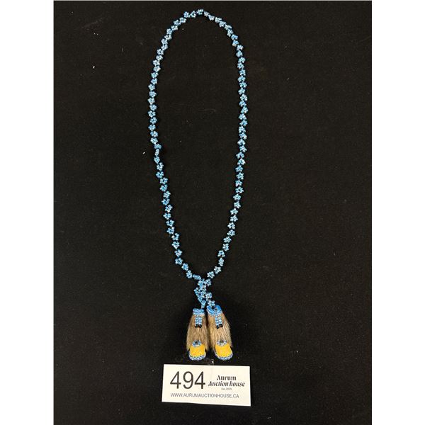 Rare Native American Beads Necklace w/ Hand Crafted Leather + Fur Boots Pendants