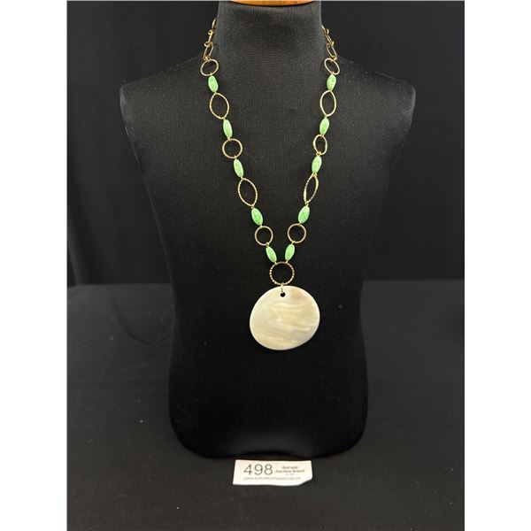 Mother of Pearl Pendant + Green Colored Beads Necklace