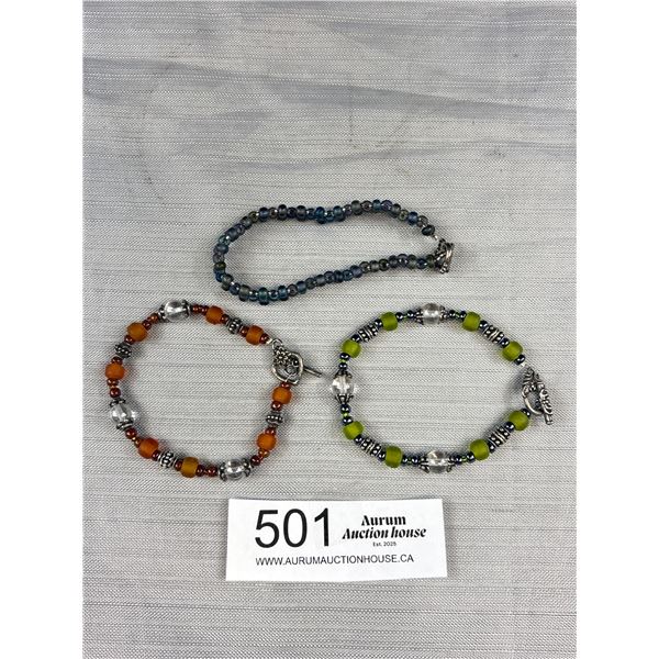 3 Vintage Silver w/ Various Beads Bracelets