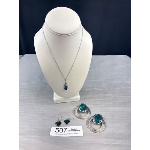 Large Pair of Abelone Clip On Earrings + Pendant w/ Chain Necklace + Pair Small Earrings