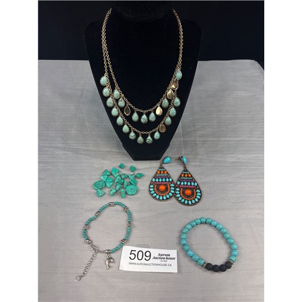 Various Turqouise Jewelry Necklace, Bracelets Earrings + Beads