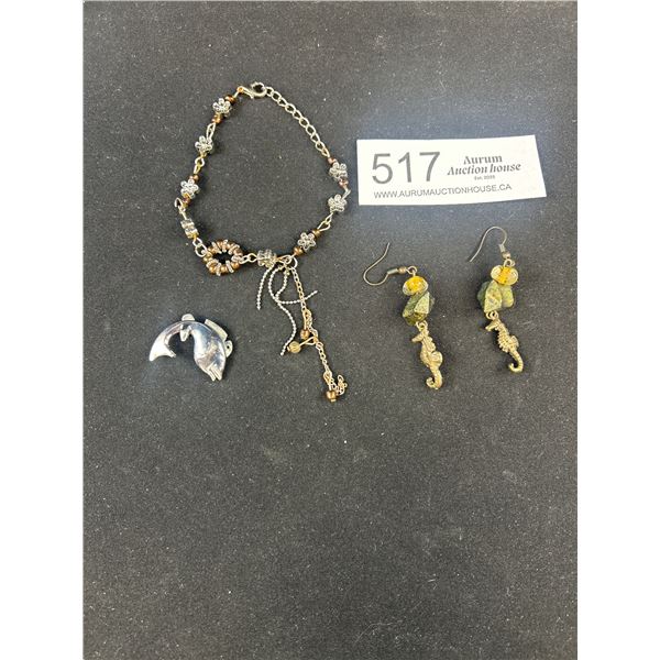 Vintage silver tone bracelet pendant and a pair of earrings with blue stones