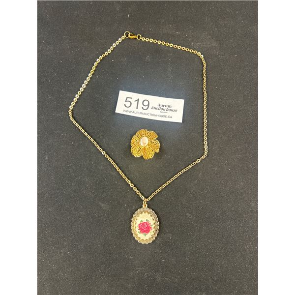 Vintage Hand Embroidered Pendant with chain necklace and brooch