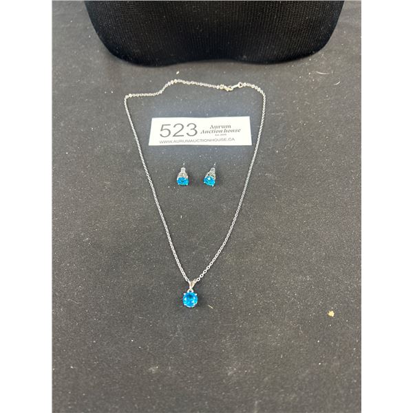 Lovely Blue Stone Pendant with Chain and Matching Earring set marked 18k gp