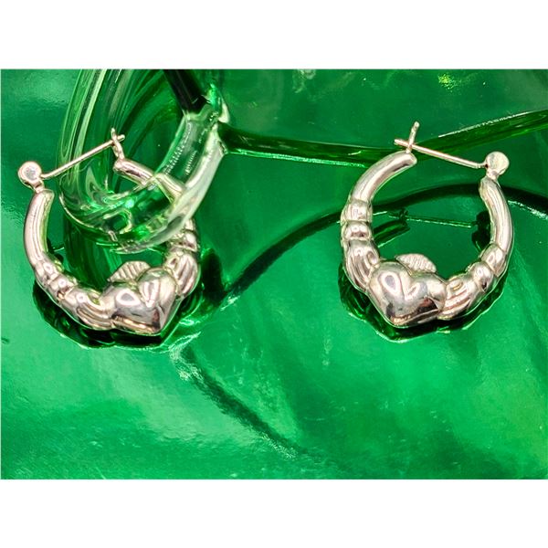 Sterling Silver 1" Puffed Claddagh Hoop Earrings