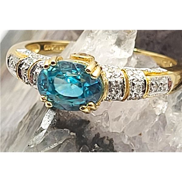 Heavenly Blue Zircon with Teal Overtones Ring with Diamond Shoulders