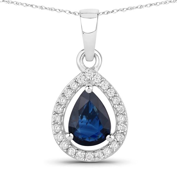 14K White Gold Blue Sapphire and Diamond Necklace
