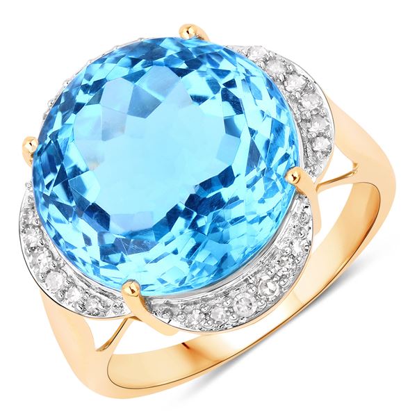 Large, Round, Swiss Blue Topaz and Diamond Ring