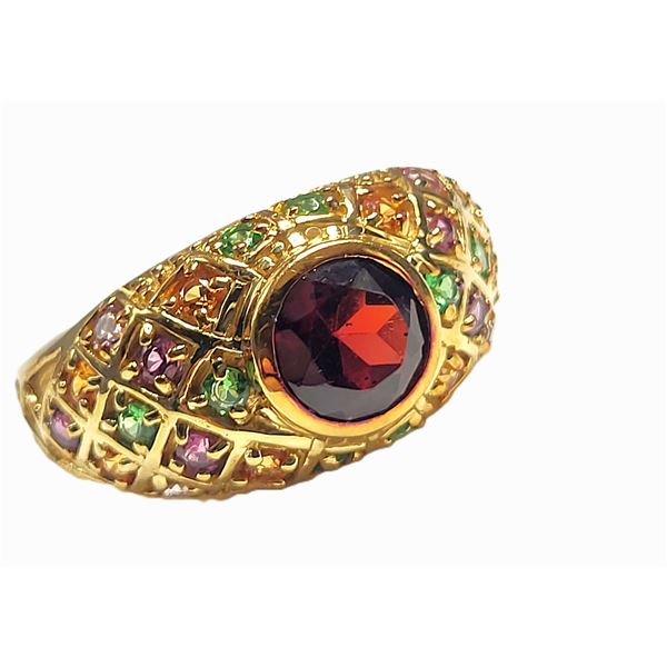 Red Garnet Dome Ring w/Multi-Color Gem Shoulders