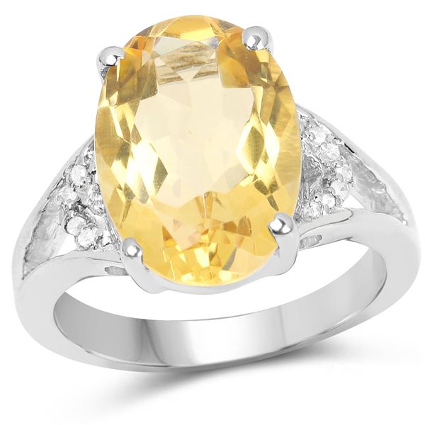 Oval-Cut Sterling Silver Citrine & Diamond Ring