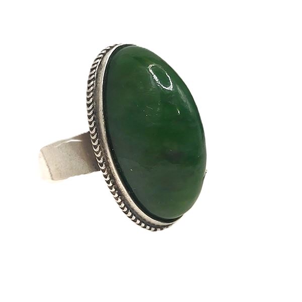 Soviet-Era Large Jade Cabochon Sterling Silver Ring
