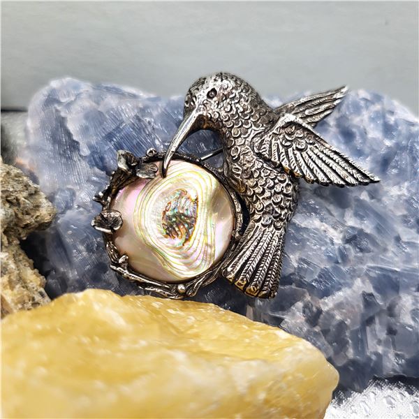 Circa 1940's Sterling Silver & Abalone Hummingbird Brooch