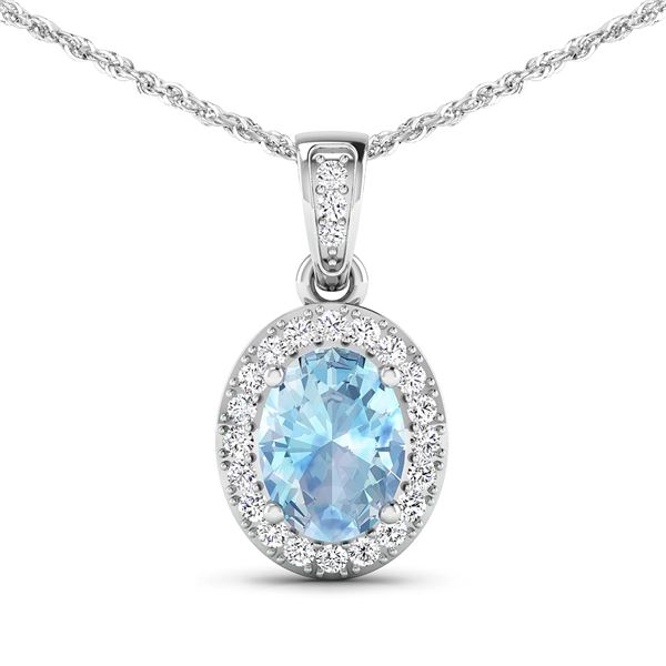 1.14 Carat Genuine Aquamarine and White Diamond 14K White Gold Pendant
