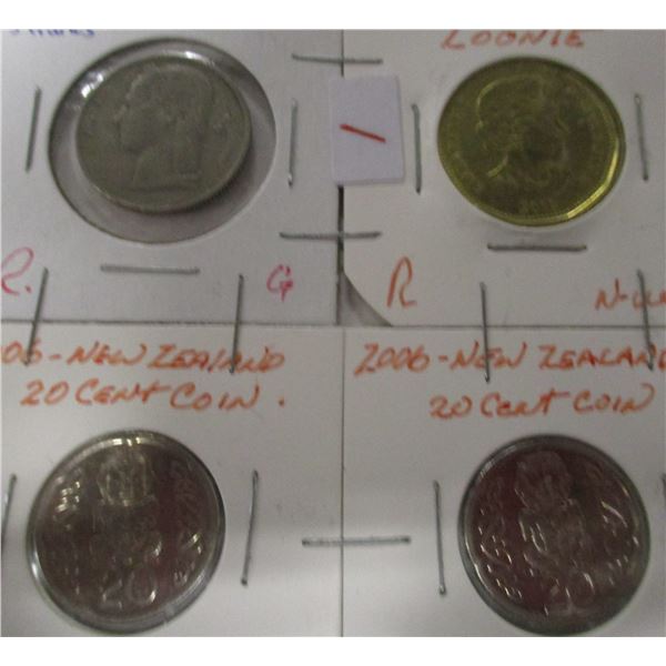 4 ASSORTED COINS (1 BELGIUM, 2 NEW ZEALAND & 1 CANADA LOONIE)