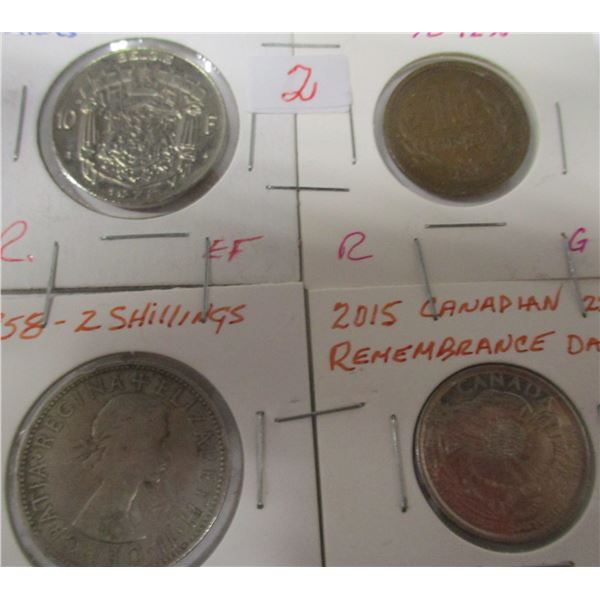 4 ASSORTED COINS (1 BELGIUM, 1 JAPAN, 2 SCHILLING, & 1 CANADA QUARTER)