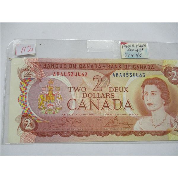 1974 CRISP UNCIRCULATED POKER HAND SERIAL NUMBER 3-4'S & 2-3'S) CANADA $1 BILL