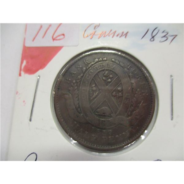 1837 PROVINCE OF CANADA PENNY TOKEN