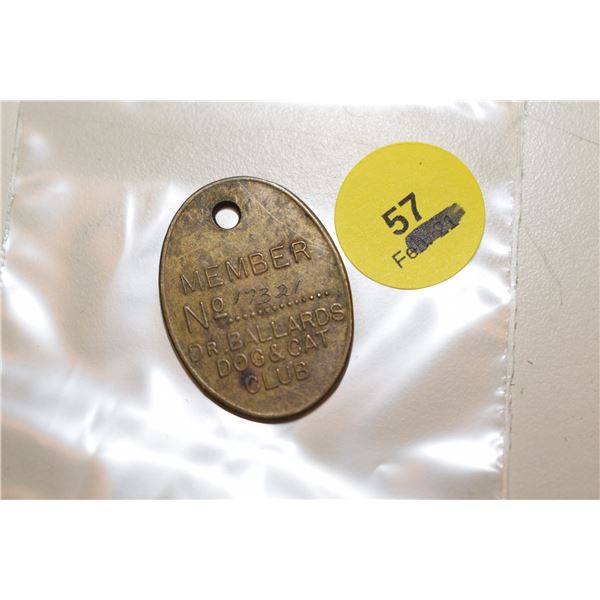Vintage Dr Ballard Dog & Cat Club Membership Tag
