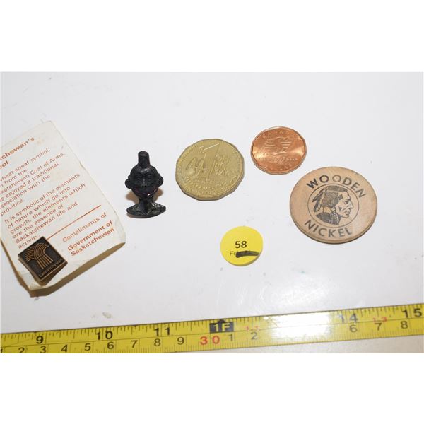 Roughrider Loonie, McDonalds Token, Wooden Nickel etc.